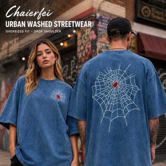 Men's Graphic Tee Spider Grunge Shirts Vintage Oversized Wash T Shirts Y2k Streetwear Cotton Tops