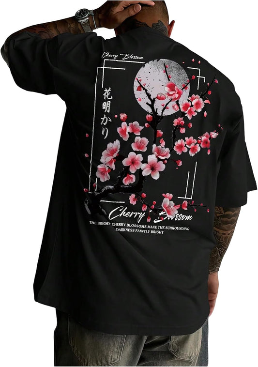 GORGLITTER Men's Japanese Graphic Tshirts Oversized Drop Shoulder T Shirt