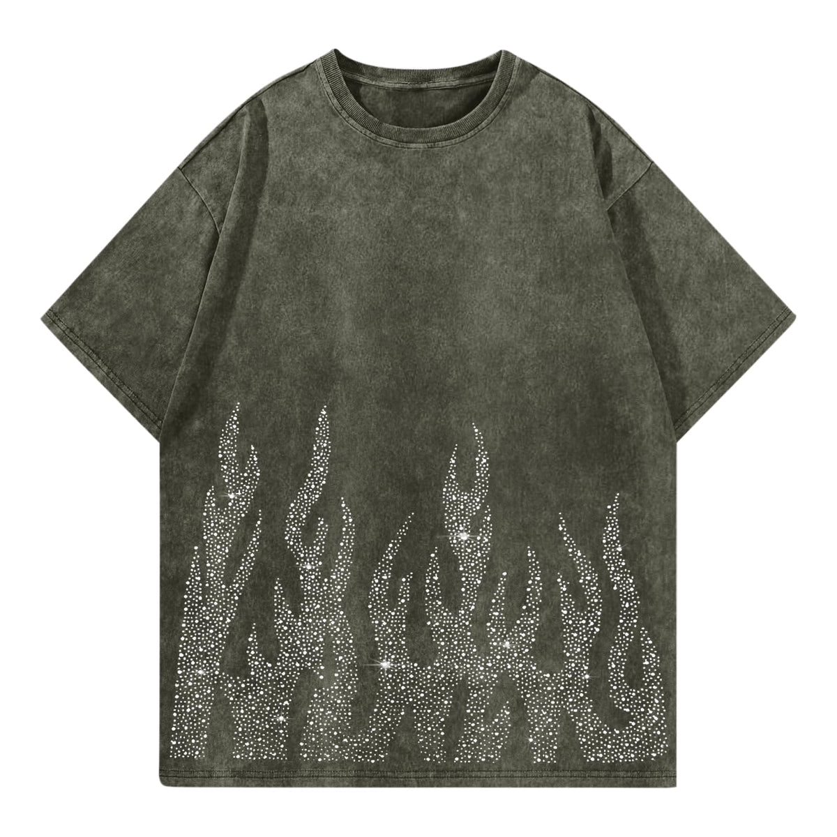 Tuislay Men's Oversized Graphic Tees Rhinestone Flame Shirt Streetwear Grunge Acid Wash Tshirt Baggy Vintage T Shirts Y2k Top