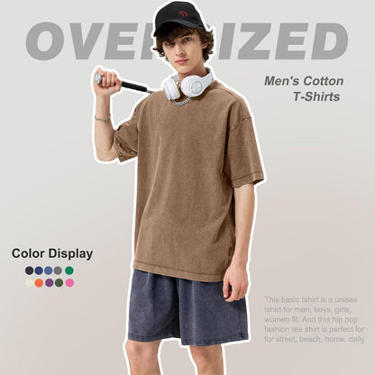 Men's Cotton T-Shirts Oversized Unisex Short Sleeves Casual Loose Wash Solid Basic Tee Tops
