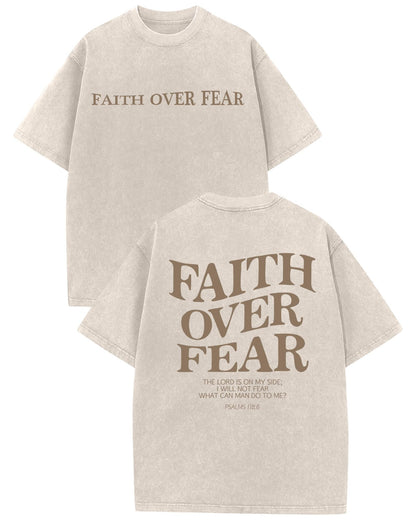 Aiyino Unisex Faith Over Fear Tee Vintage Acid Wash Slogan