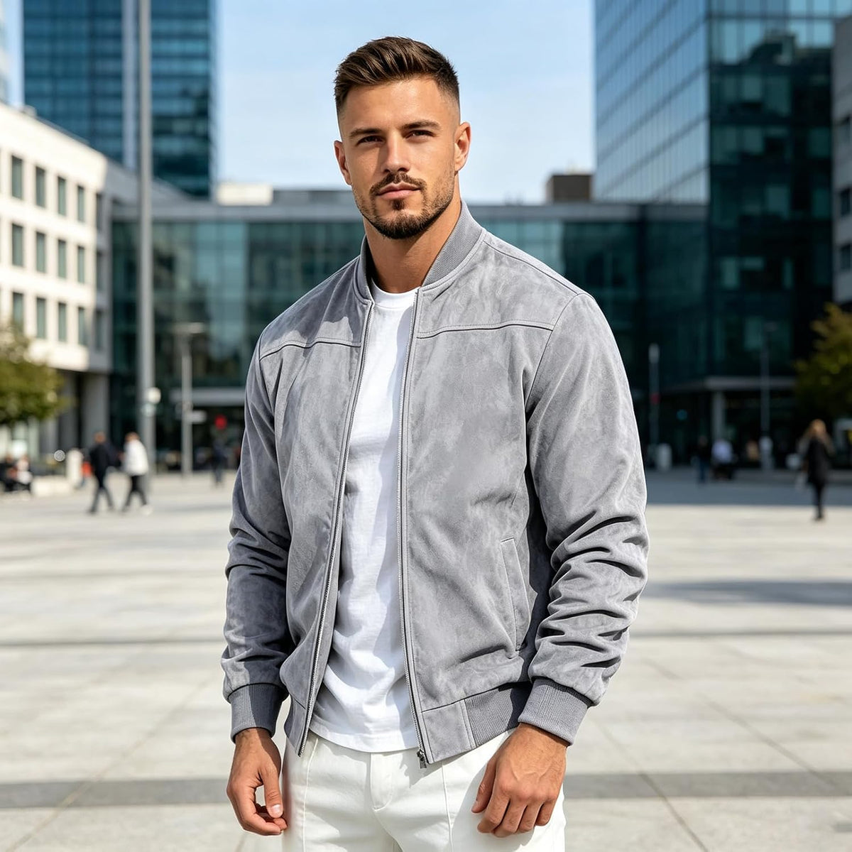 Suede Bomber Jacket Men Zip Up Long Sleeve Jackets with Pockets