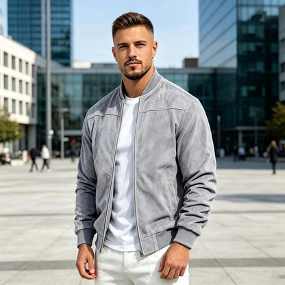Suede Bomber Jacket Men Zip Up Long Sleeve Jackets with Pockets