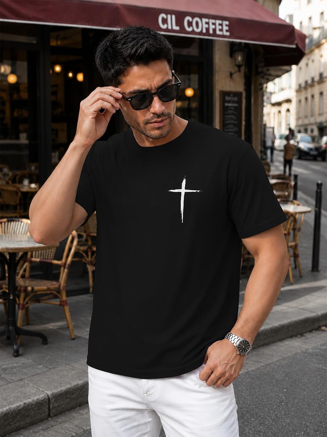 HOUZONIY Christian Tshirts for Men Cross Print Graphic Oversized Crewneck Jesus Faith Cotton Casual Short Sleeve Top Tee