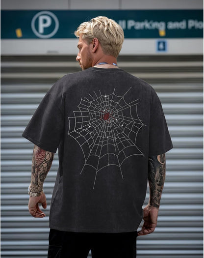 Men's Rhinestone Graphic Tee Spider Grunge Shirts Vintage Oversized Acid Wash T Shirts Y2k Streetwear Cotton Tops