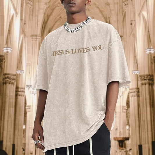 Christian Jesus Loves You Shirts for Men Religious Oversized Graphic Tees Jesus Faith Acid Wash T Shirt God Top