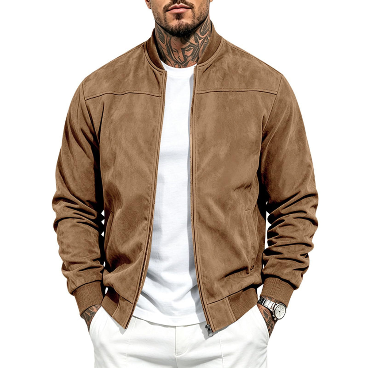 Suede Bomber Jacket Men Zip Up Long Sleeve Jackets with Pockets