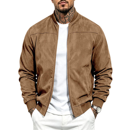 Suede Bomber Jacket Men Zip Up Long Sleeve Jackets with Pockets