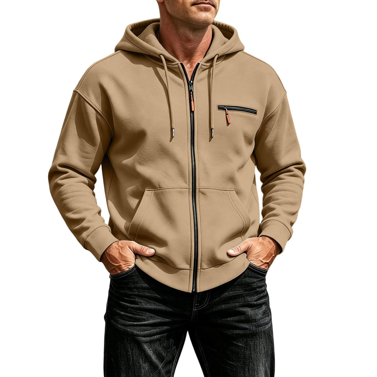 Zip Up Hoodie Men Fall Plain Hooded Sweatshirts Casual Jacket With Pockets