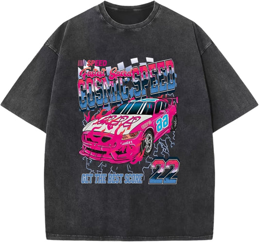 Mens Graphic T-Shirts Oversized Vintage Car Shirts for Men Racing Tshirt Streetwear Baggy Washed Drop Shoulder Tees