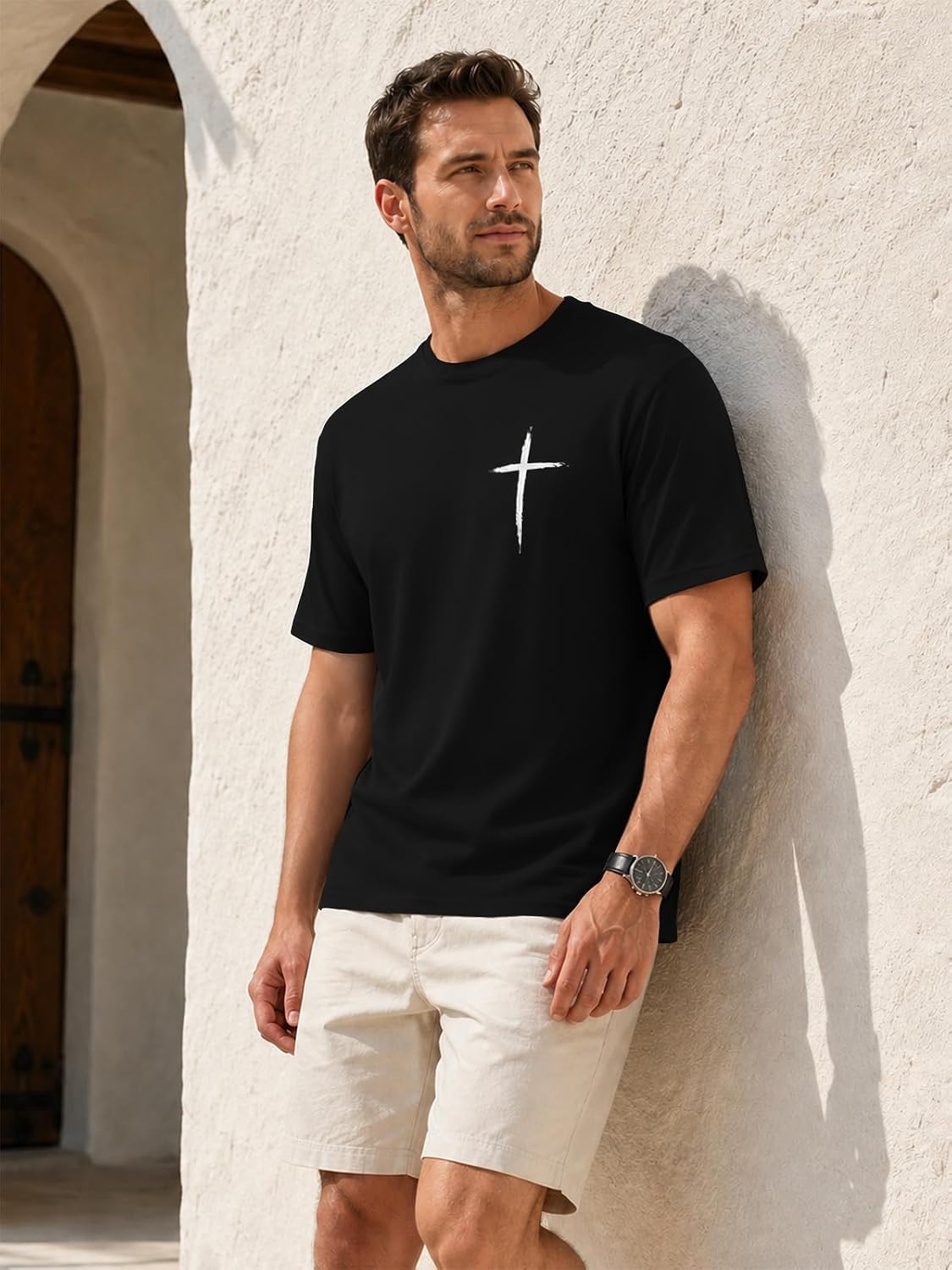 HOUZONIY Christian Tshirts for Men Cross Print Graphic Oversized Crewneck Jesus Faith Cotton Casual Short Sleeve Top Tee