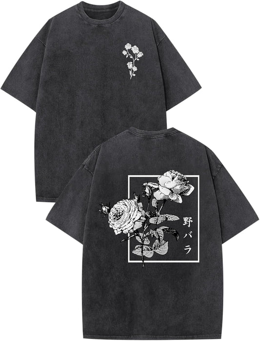 Japanese Graphic Tees for Men Harajuku Rose Flower Floral Shirts Cool Vintage Oversized Streetwear Acid Wash Tops