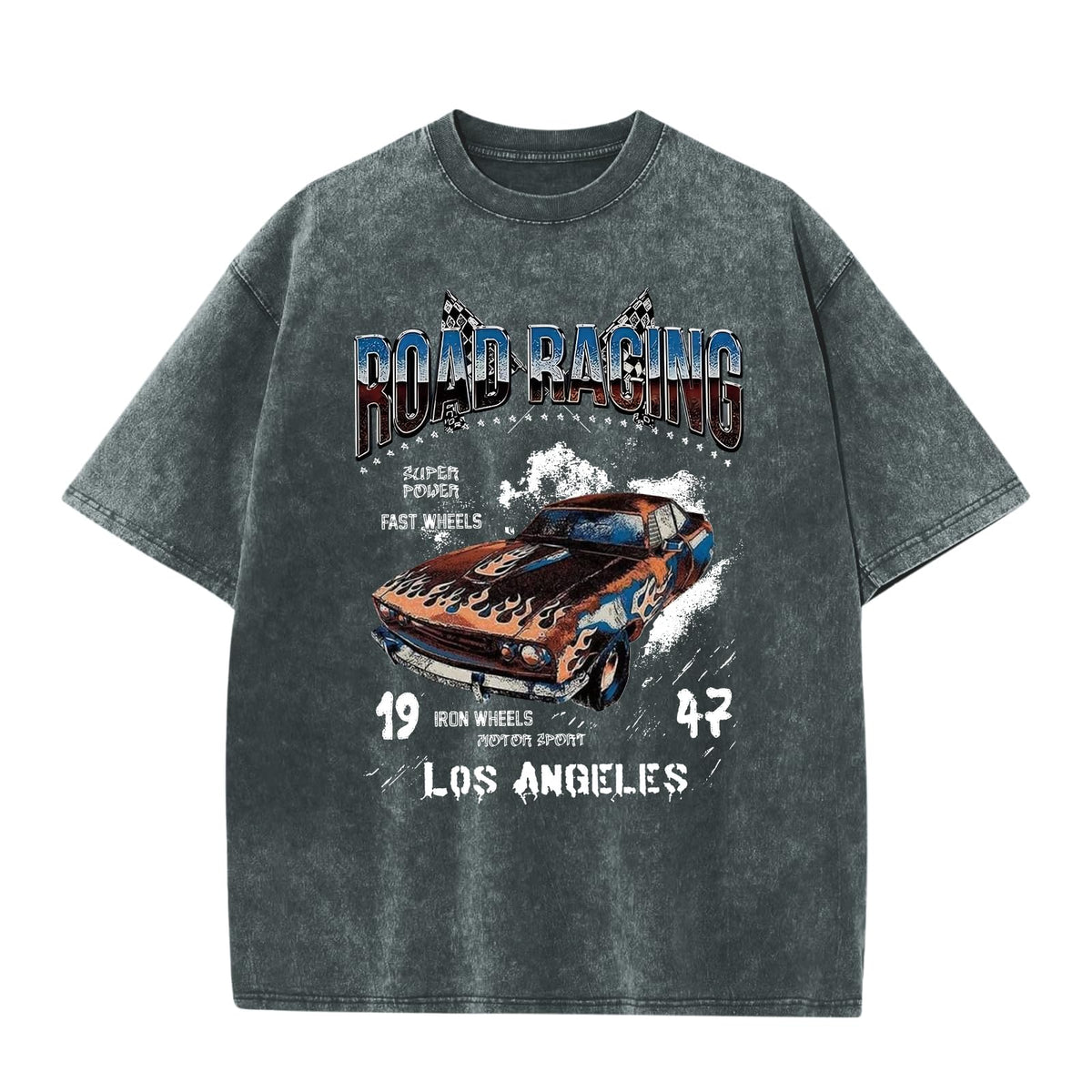 Mens Graphic T-Shirts Oversized Acid Wash Tshirt Vintage Streetwear Shirt Cool Road Racing Printed Tee Los Angeles Top