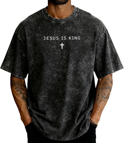 Jesus is King Cross T-Shirt Christian God Faith Shirt Casual Acid Washed Crew Neck Short Sleeve Oversized Graphic Tee