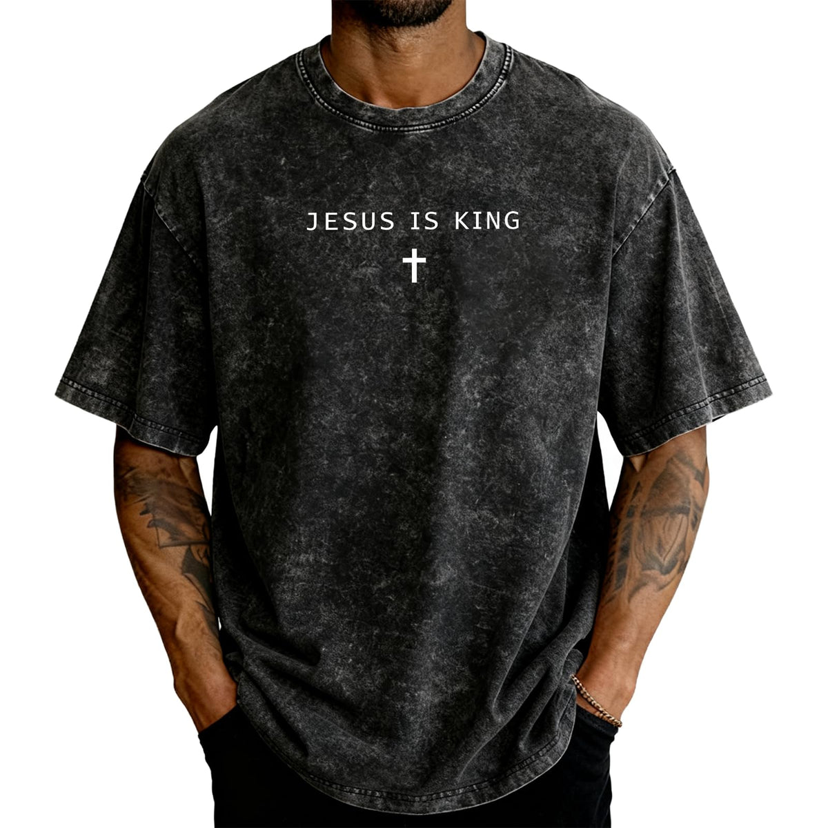 Jesus is King Cross T-Shirt Christian God Faith Shirt Casual Acid Washed Crew Neck Short Sleeve Oversized Graphic Tee