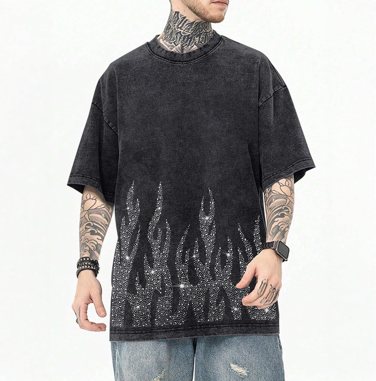 Tuislay Men's Oversized Graphic Tees Rhinestone Flame Shirt Streetwear Grunge Acid Wash Tshirt Baggy Vintage T Shirts Y2k Top
