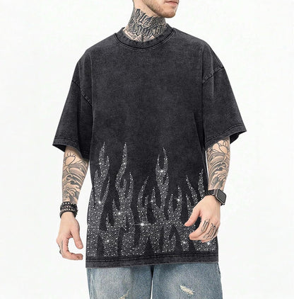 Tuislay Men's Oversized Graphic Tees Rhinestone Flame Shirt Streetwear Grunge Acid Wash Tshirt Baggy Vintage T Shirts Y2k Top