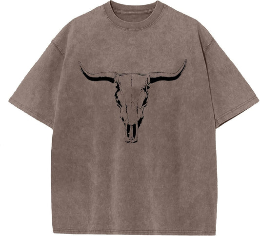 Boho Cow Skull Shirt for Men Western Cowboy Vintage T-Shirts Oversized Rodeo Graphic Tee Bull Skull Short Sleeve Tops