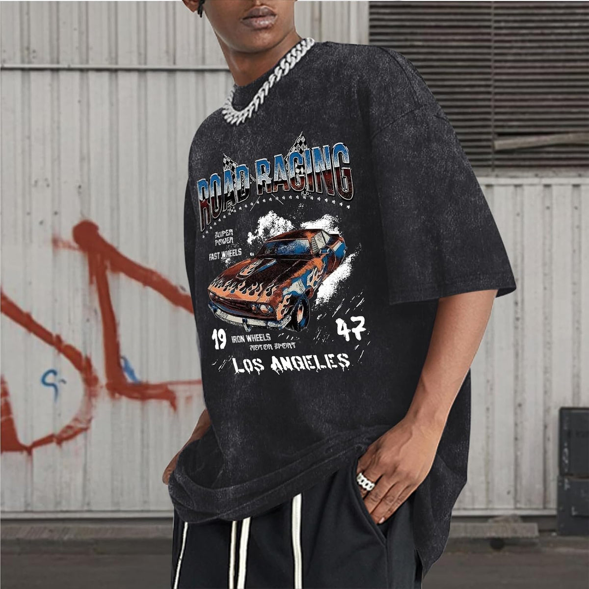 Mens Graphic T-Shirts Oversized Acid Wash Tshirt Vintage Streetwear Shirt Cool Road Racing Printed Tee Los Angeles Top