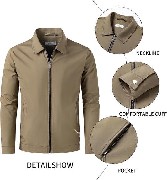Men's Lightweight Casual Windbreaker Laydown Collar Zipper Pocket Coat Fall Spring Golf Work Dress Business