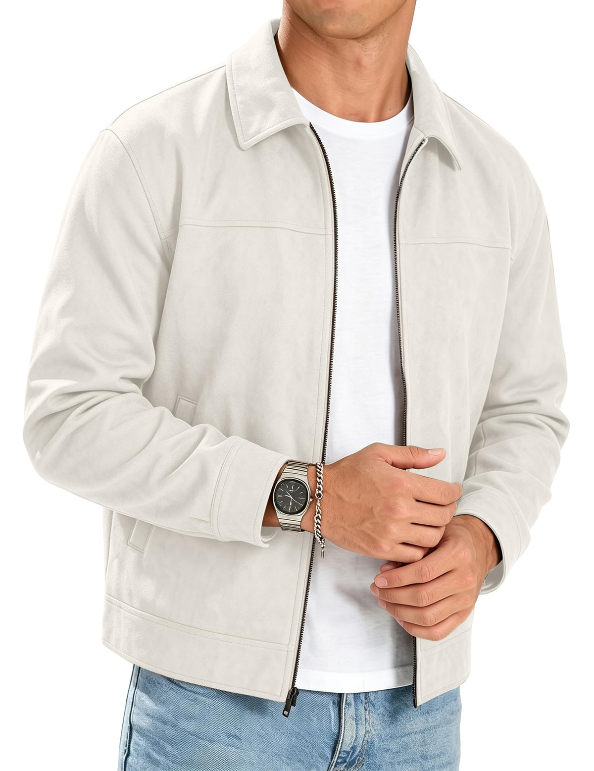 JMIERR Men's Faux Suede Collared Full Zip Casual Jacket