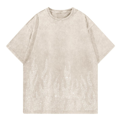 Tuislay Men's Oversized Graphic Tees Rhinestone Flame Shirt Streetwear Grunge Acid Wash Tshirt Baggy Vintage T Shirts Y2k Top