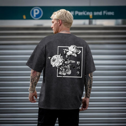Japanese Graphic Tees for Men Harajuku Rose Flower Floral Shirts Cool Vintage Oversized Streetwear Acid Wash Tops