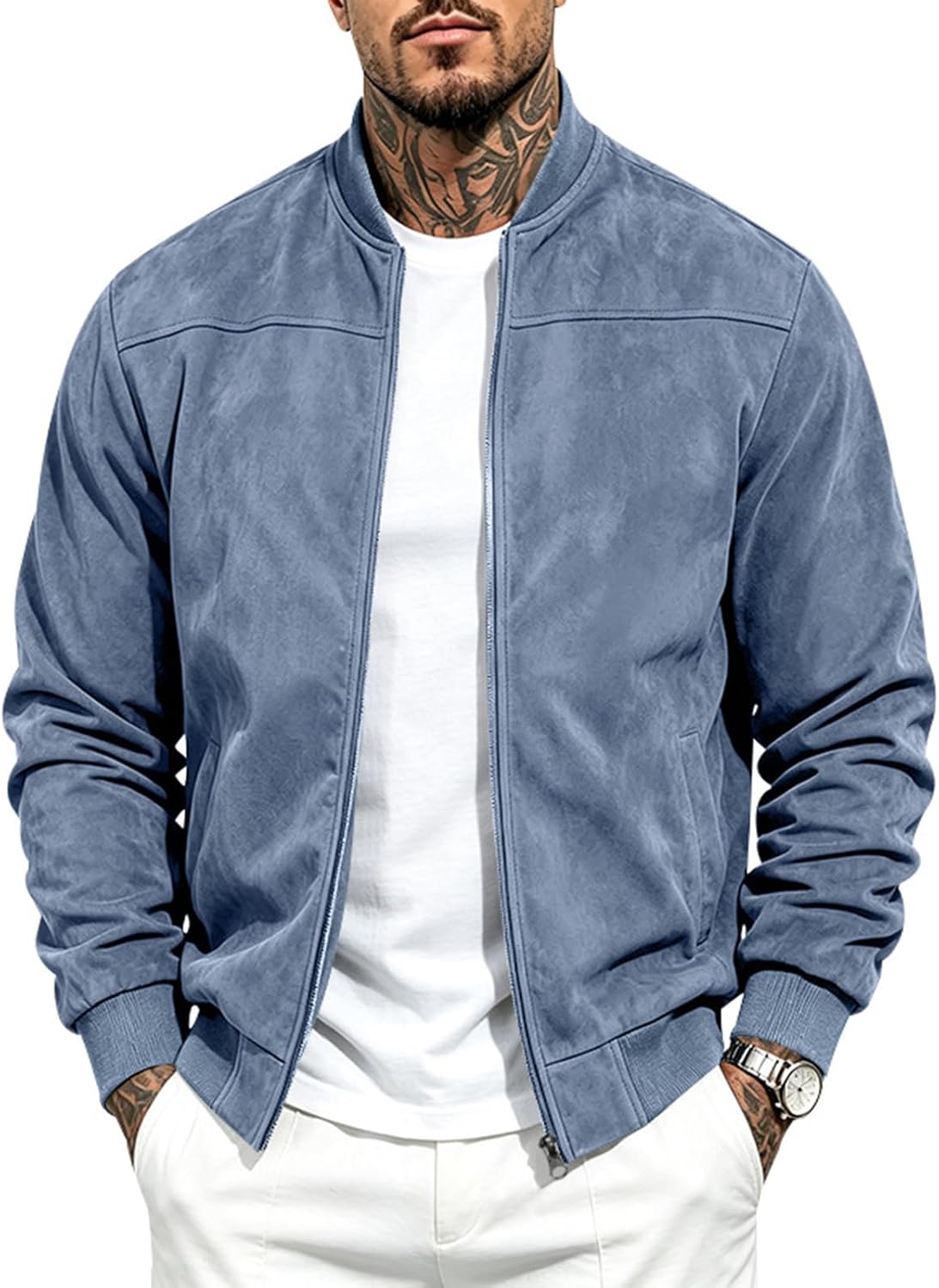 Suede Bomber Jacket Men Zip Up Long Sleeve Jackets with Pockets