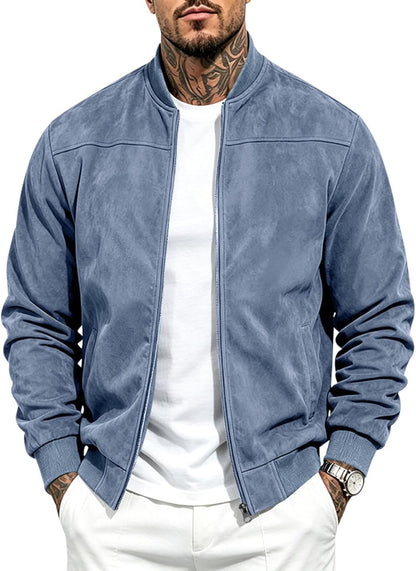 Suede Bomber Jacket Men Zip Up Long Sleeve Jackets with Pockets