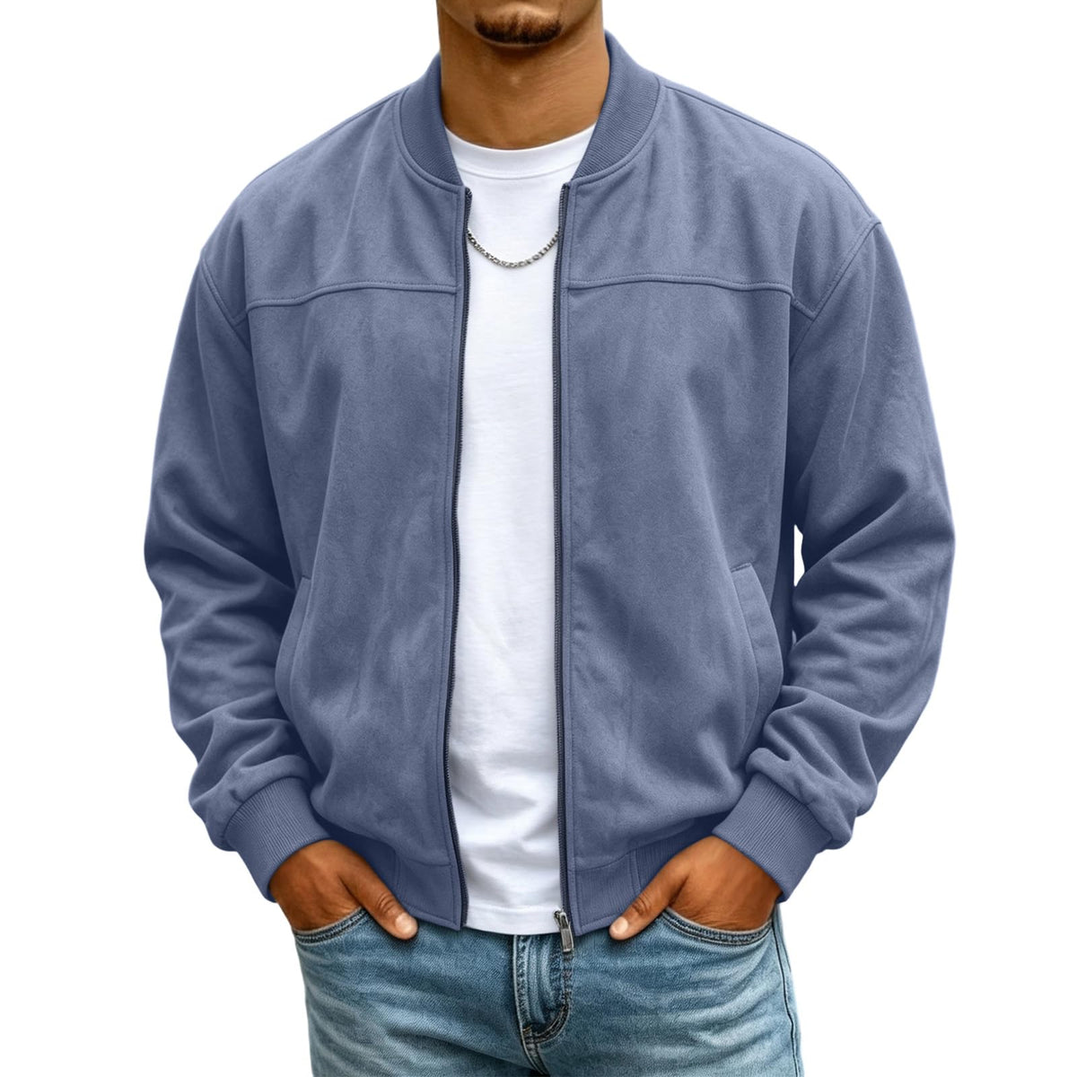 Mens Suede Jacket Stand Collar Warm Plush Zip Up Bomber Jacket with Pockets