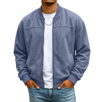 Mens Suede Jacket Stand Collar Warm Plush Zip Up Bomber Jacket with Pockets