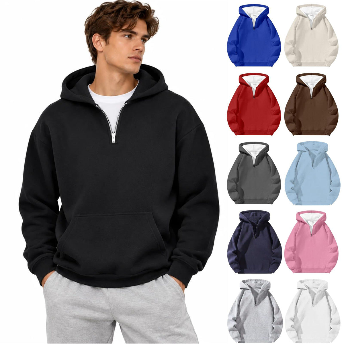 Men'S Quarter Zip Up Hoodies Fall Winter Jackets Drop Shoulder Sweatshirt