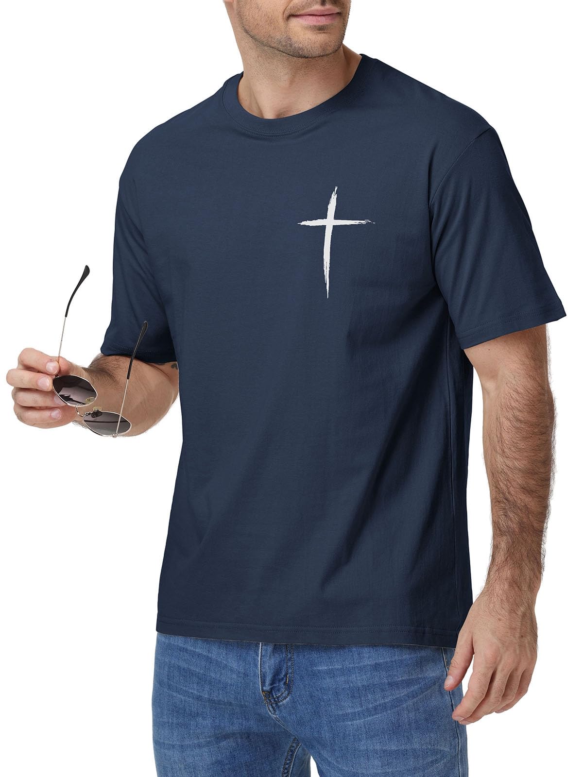 HOUZONIY Christian Tshirts for Men Cross Print Graphic Oversized Crewneck Jesus Faith Cotton Casual Short Sleeve Top Tee