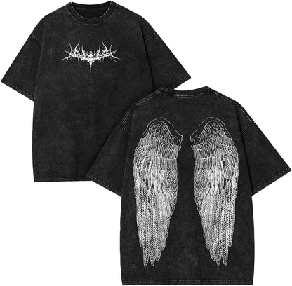 Men's Oversized Heavyweight T-Shirt Acid Wash Graphic Tee Heavyweight Cotton Streetwear Retro Angel Cross Print