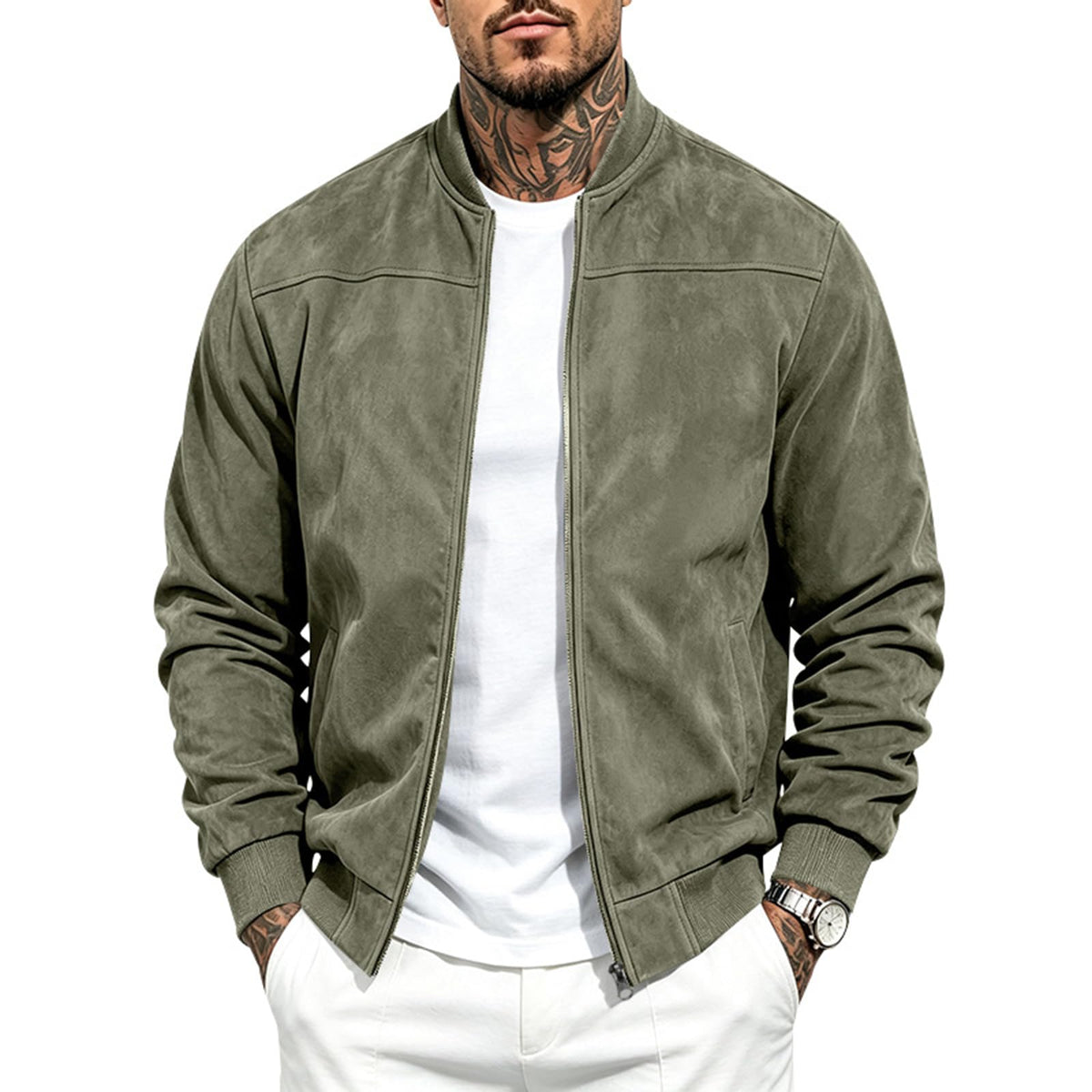 Suede Bomber Jacket Men Zip Up Long Sleeve Jackets with Pockets