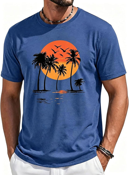 Runcati Mens Short Sleeve T-Shirts Crewneck Graphic Palm Tree Printed Tees