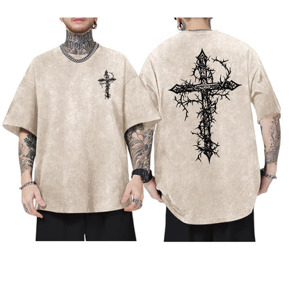Men's Goth Shirt Oversized Acid Wash Grunge Shirts Gothic Cross Graphic Tees Vintage Streetwear Summer Tshirts