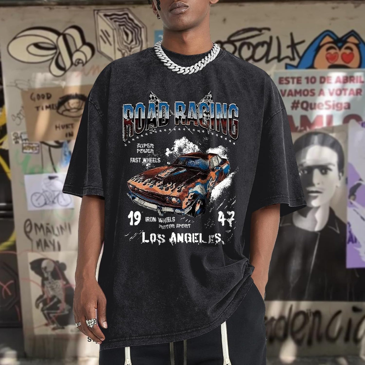 Mens Graphic T-Shirts Oversized Acid Wash Tshirt Vintage Streetwear Shirt Cool Road Racing Printed Tee Los Angeles Top