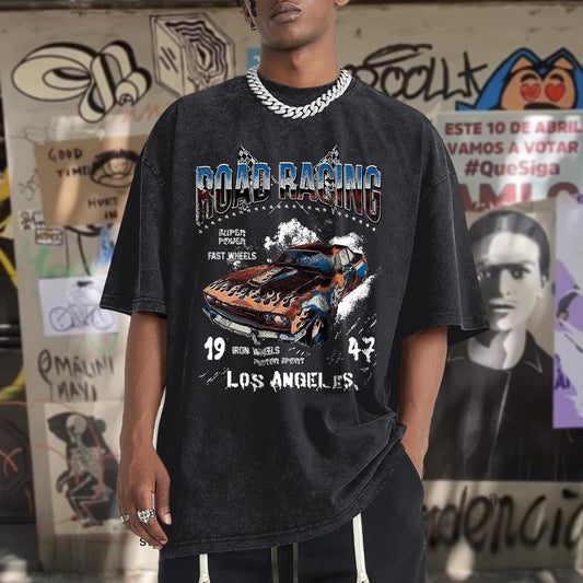 Mens Graphic T-Shirts Oversized Acid Wash Tshirt Vintage Streetwear Shirt Cool Road Racing Printed Tee Los Angeles Top