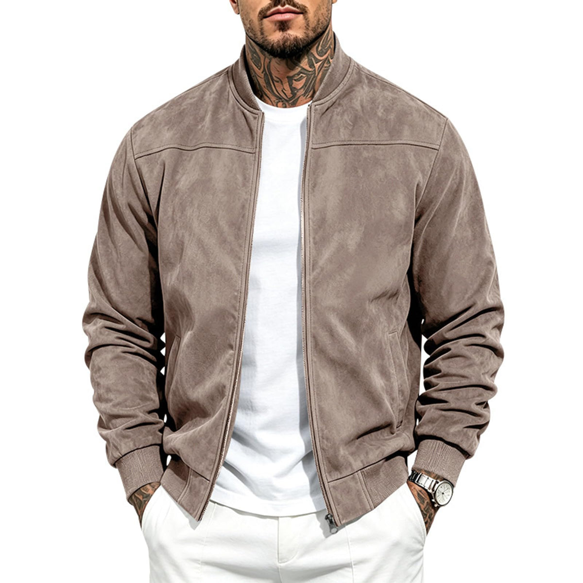 Suede Bomber Jacket Men Zip Up Long Sleeve Jackets with Pockets