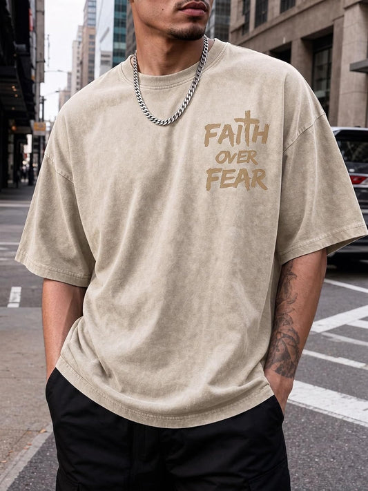 Christian Faith Over Fear Shirt for Men, Jesus Religious Vintage Washed Cotton Graphic Tee with Psalm 118:6 Back Print