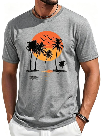 Runcati Mens Short Sleeve T-Shirts Crewneck Graphic Palm Tree Printed Tees