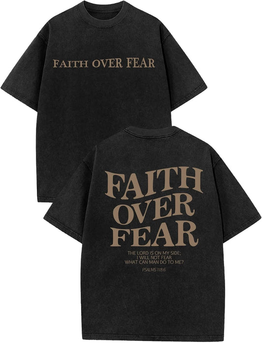 Aiyino Unisex Faith Over Fear Tee Vintage Acid Wash Slogan