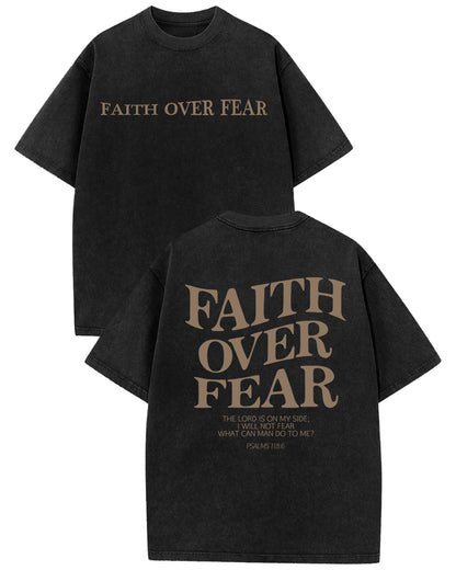Aiyino Unisex Faith Over Fear Tee Vintage Acid Wash Slogan