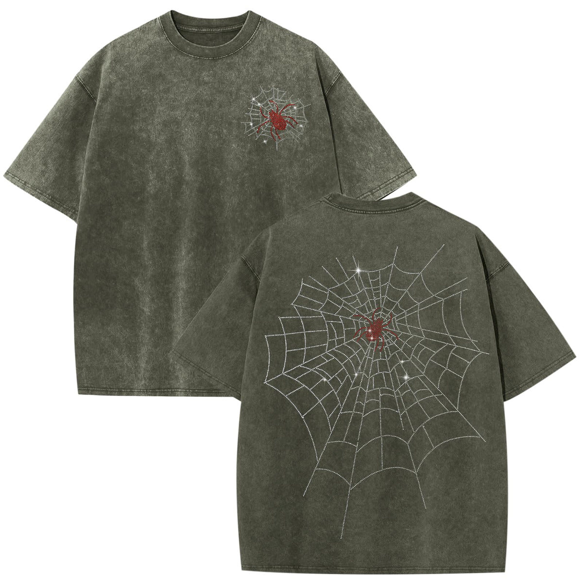 Men's Rhinestone Graphic Tee Spider Grunge Shirts Vintage Oversized Acid Wash T Shirts Y2k Streetwear Cotton Tops