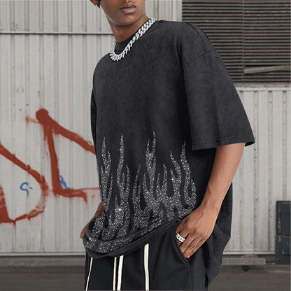 Tuislay Men's Oversized Graphic Tees Rhinestone Flame Shirt Streetwear Grunge Acid Wash Tshirt Baggy Vintage T Shirts Y2k Top