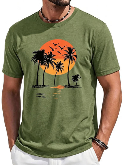 Runcati Mens Short Sleeve T-Shirts Crewneck Graphic Palm Tree Printed Tees