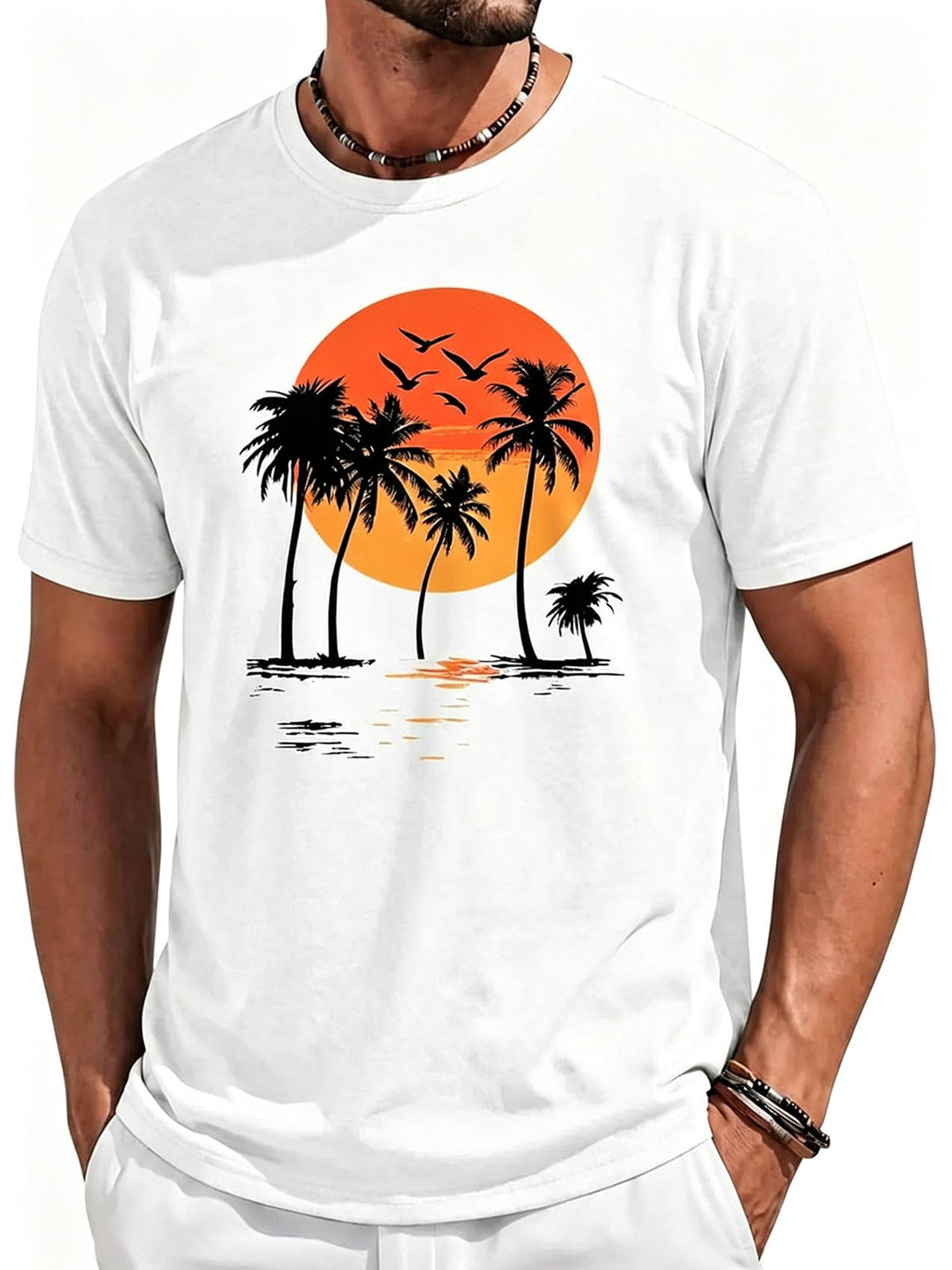 Runcati Mens Short Sleeve T-Shirts Crewneck Graphic Palm Tree Printed Tees