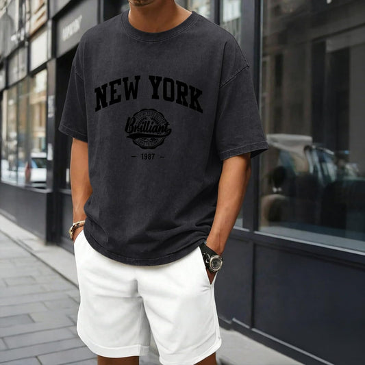 New York T Shirt Acid Wash Oversized Tshirts for Men 1987 Vintage Graphic Tees Y2k Inspirational Streetwear Shirts