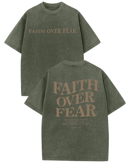 Aiyino Unisex Faith Over Fear Tee Vintage Acid Wash Slogan